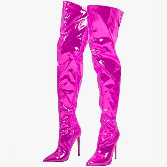 Shoes - Pink Metallic Thigh-High Stiletto Boots